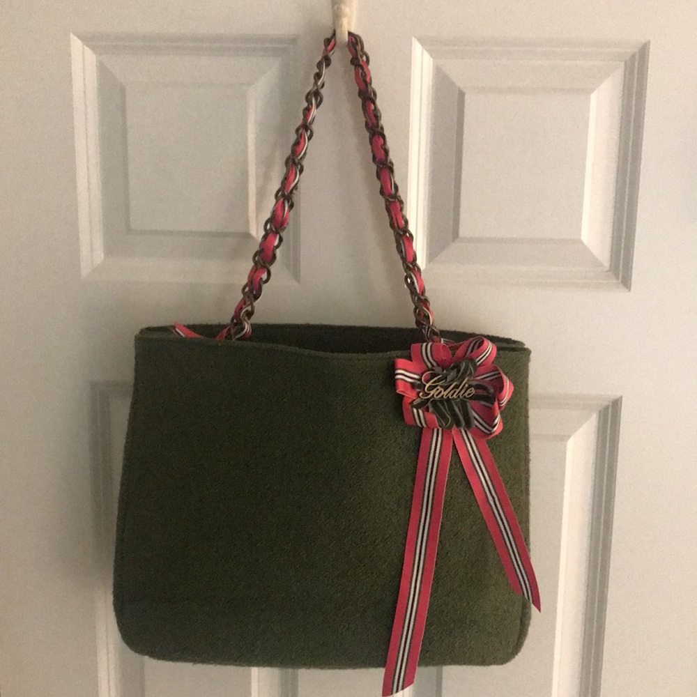 Goldie Green Tweed Handbag Purse Pink & Green Striped Bow Chain & Ribbon Straps